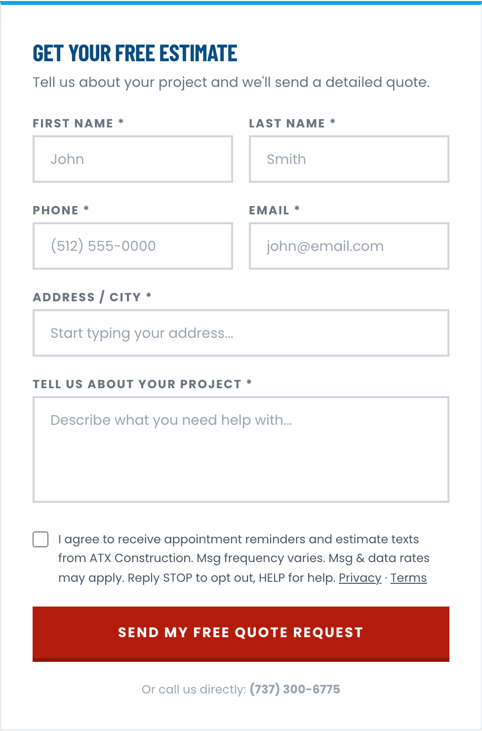 ATX Construction quote form showing the optional, unchecked text message consent checkbox above the submit button