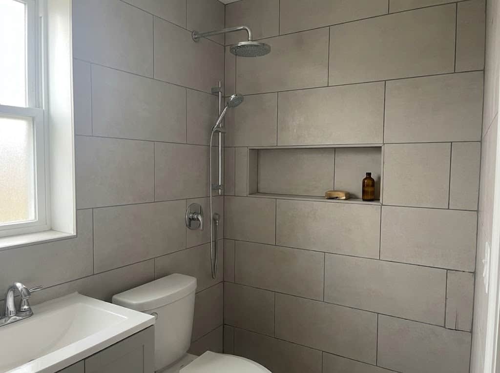 Tiled shower stall with built-in niche after remodel, Austin TX
