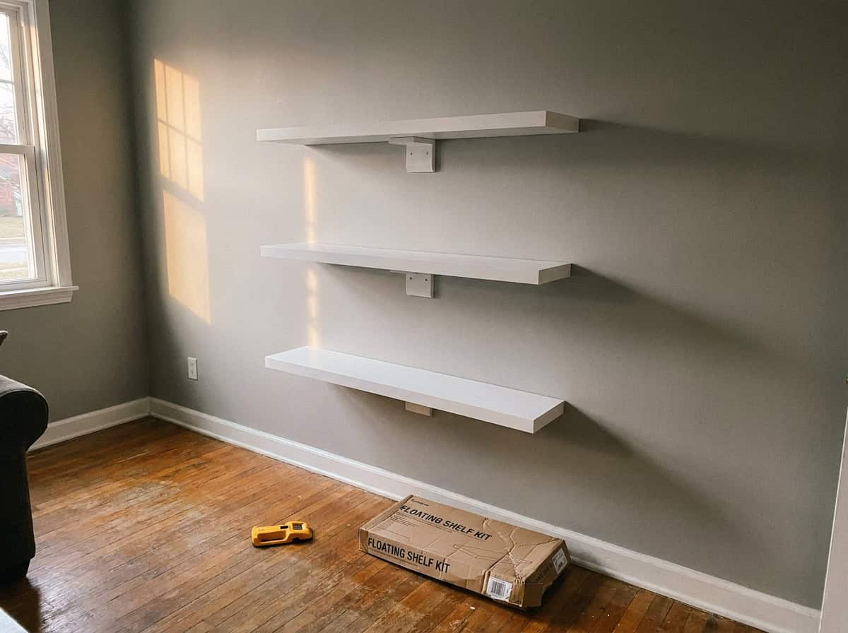 Floating shelves installed on living room wall, Austin TX