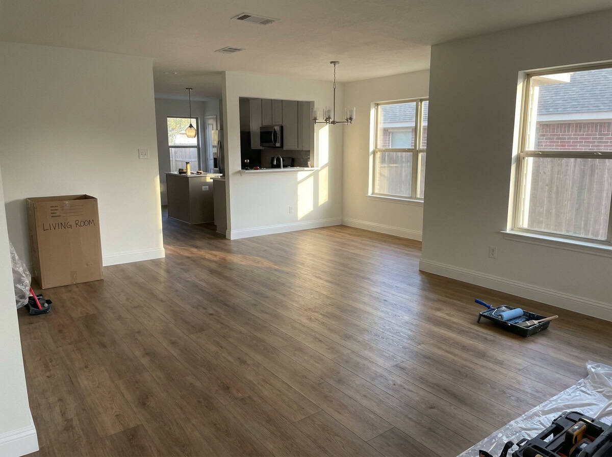 Open-concept living and dining renovation with LVP flooring, Austin TX